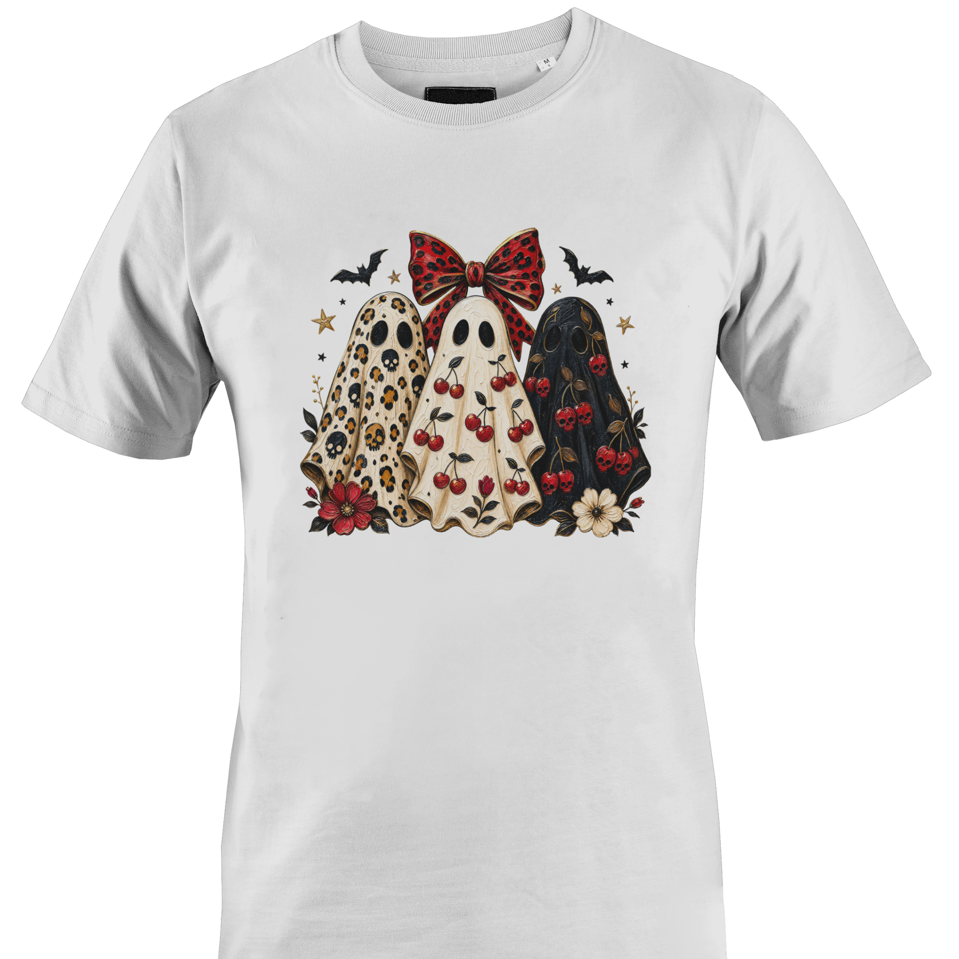 White t-shirt with a trio of sheeted ghosts with Halloween elements by Monkey's Creations. 