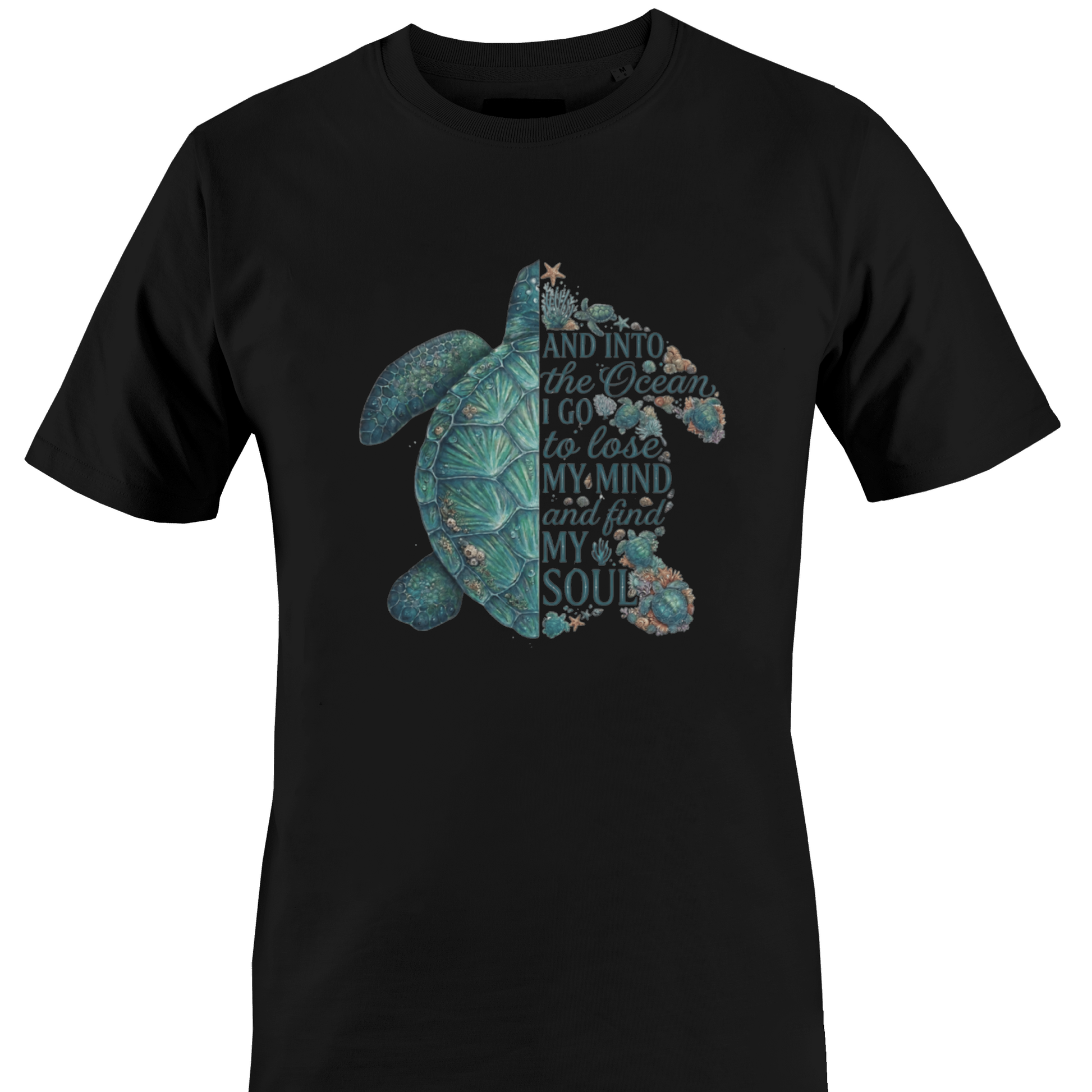 Black t-shirt with a turtle graphic and inspiring text "...find my soul" by Monkey's Creations