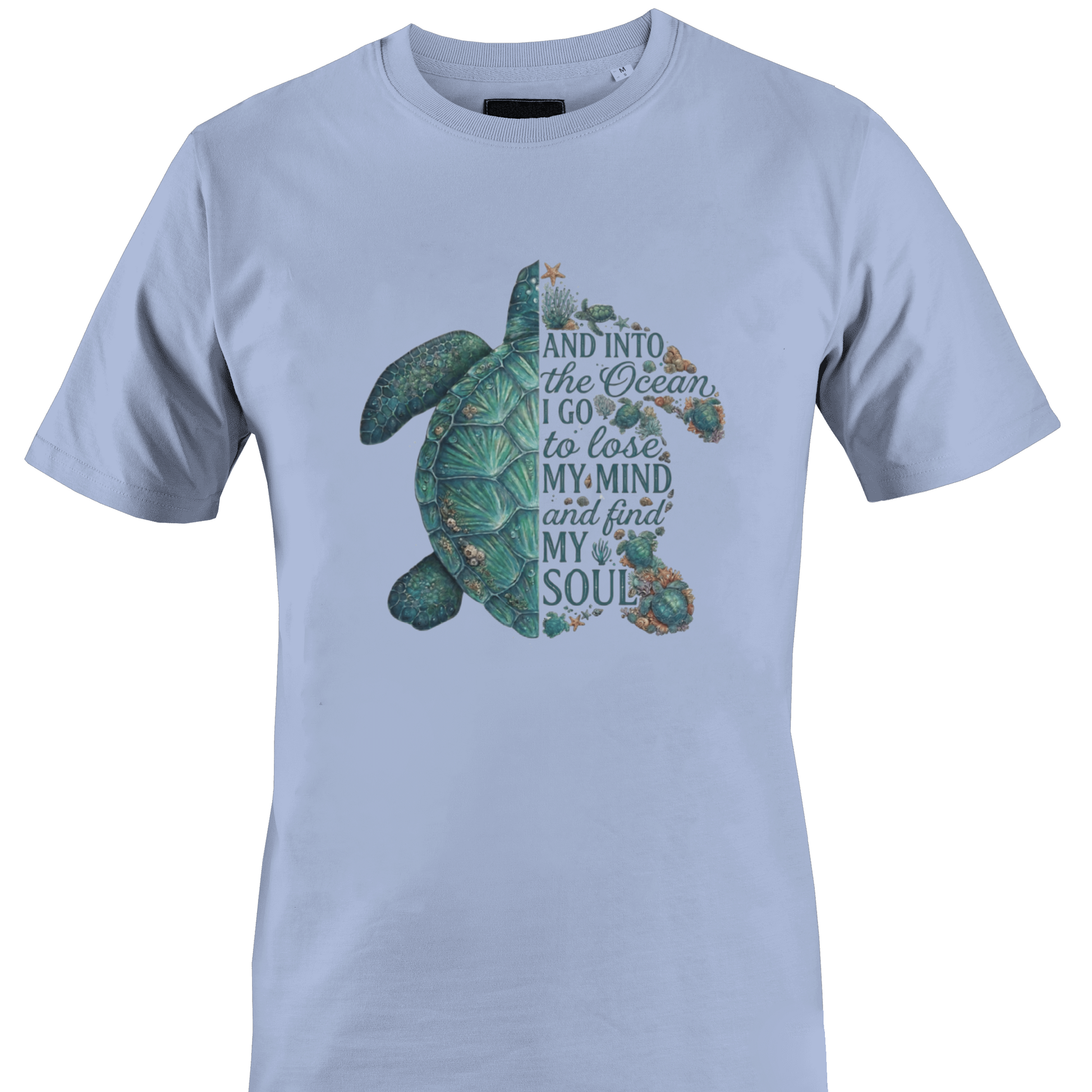 Light blue t-shirt with a turtle graphic and inspiring text "...find my soul" by Monkey's Creations