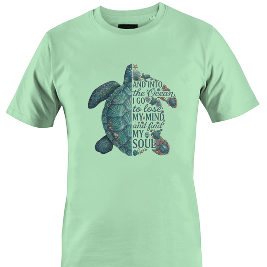 Mint green  t-shirt with a turtle graphic and inspiring text "...find my soul" by Monkey's Creations