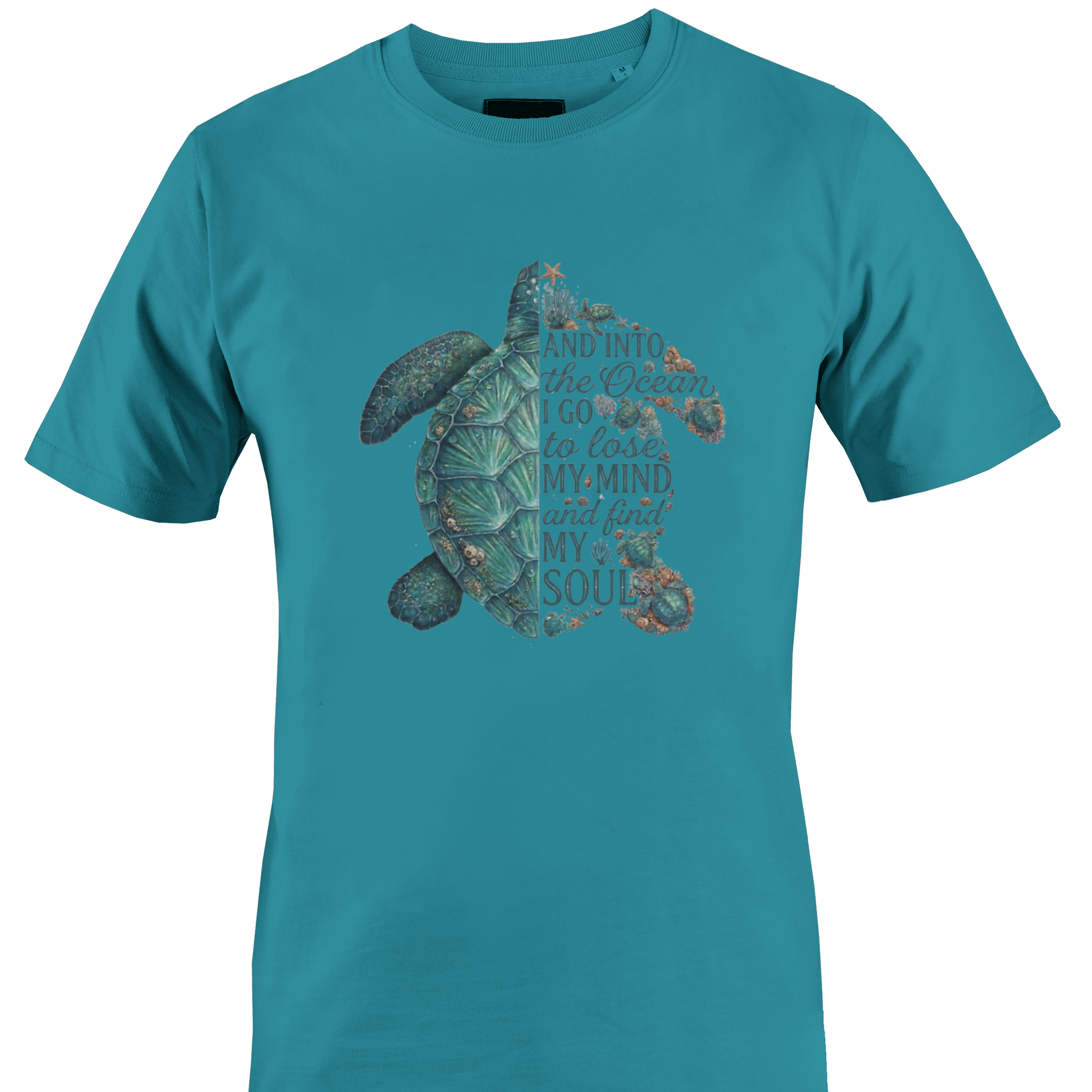 Teal t-shirt with a turtle graphic and inspiring text "...find my soul" by Monkey's Creations