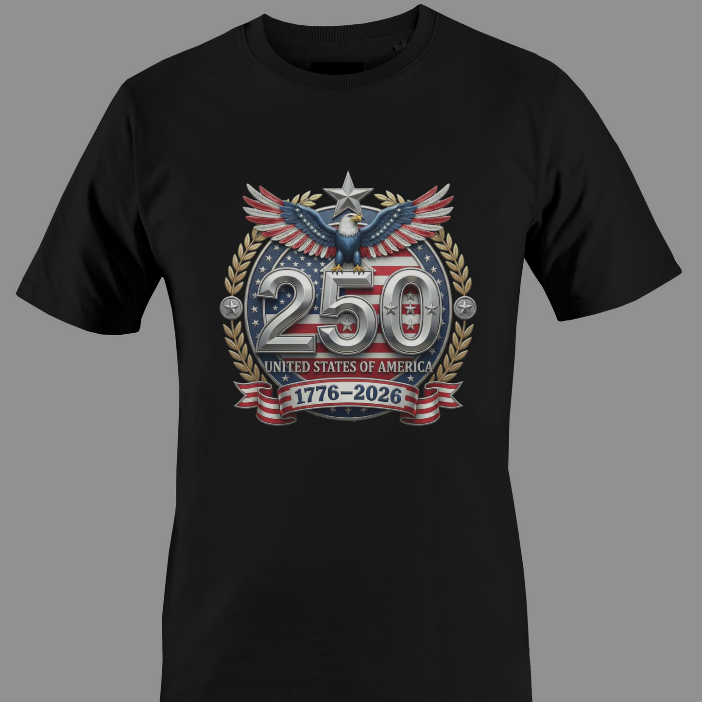 Black t-shirt with logo celebrating 250 years of the United States with an eagle, stars, and American flag design.