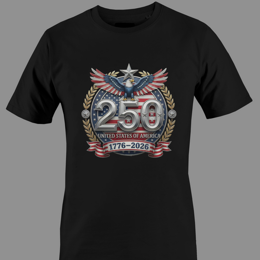 Black t-shirt with logo celebrating 250 years of the United States with an eagle, stars, and American flag design.