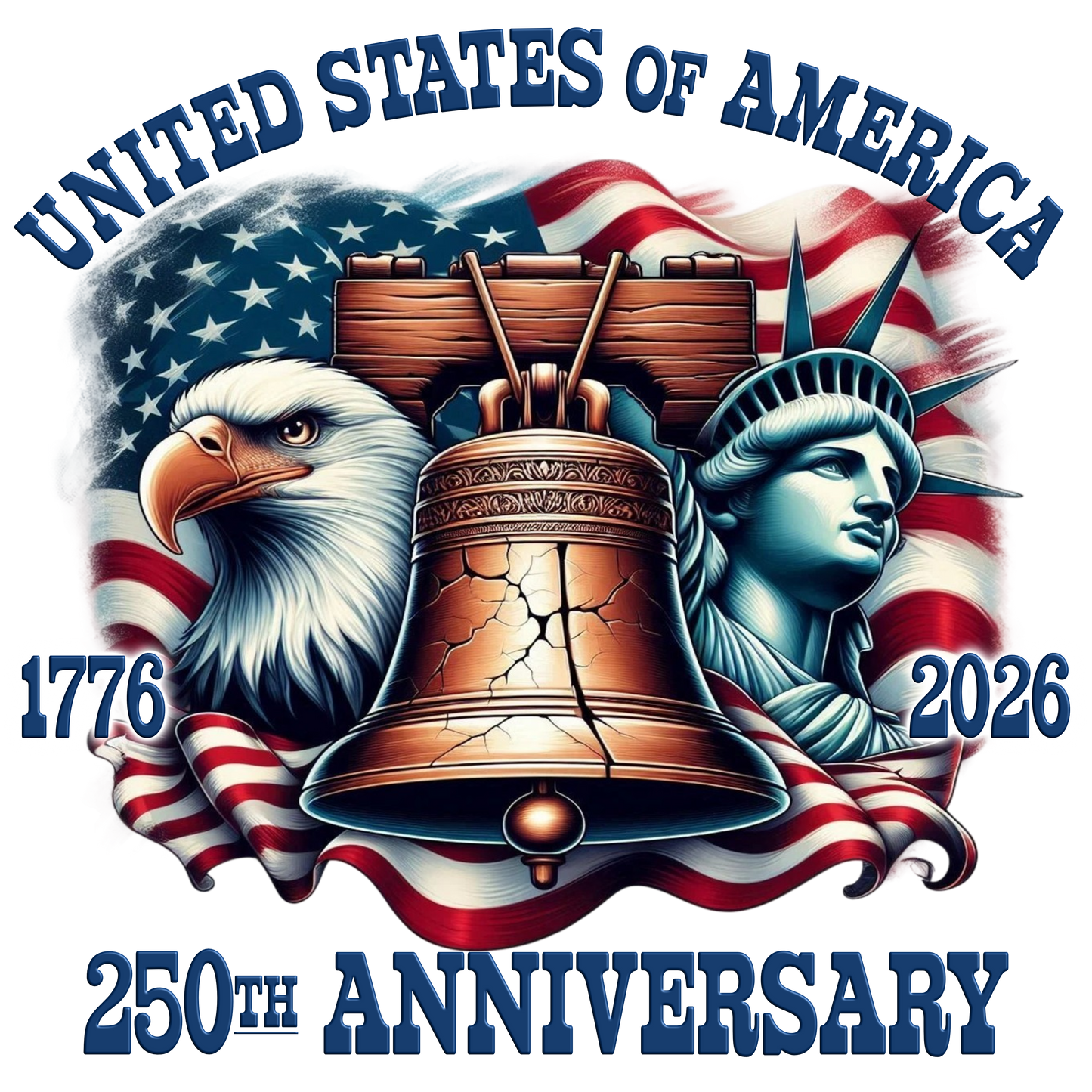 Design celebrating the 250th anniversary of the United States of America with an eagle, Liberty Bell, and Statue of Liberty against an American flag.