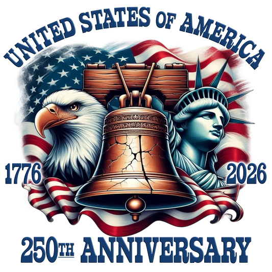 Design celebrating the 250th anniversary of the United States of America with an eagle, Liberty Bell, and Statue of Liberty against an American flag.