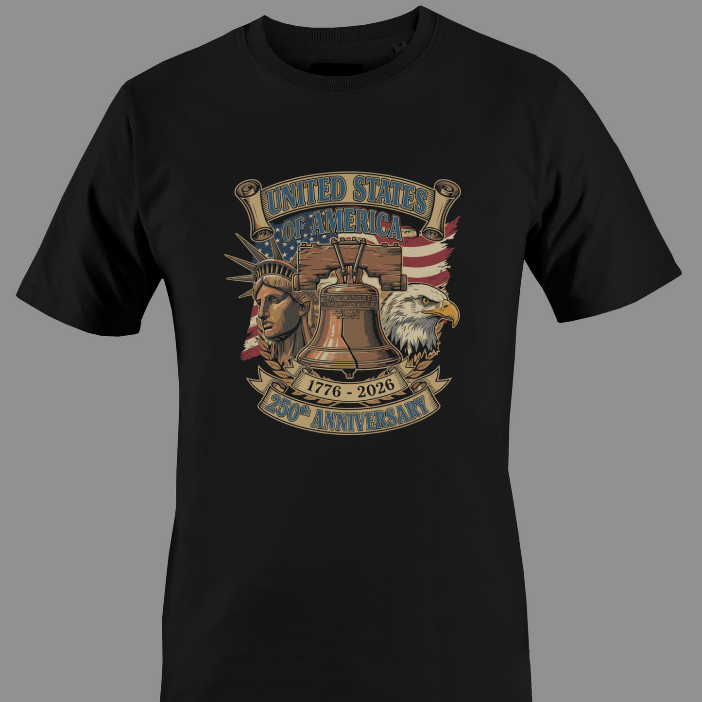 Black t-shirt with a Logo celebrating the 250th anniversary of the United States of America with symbols like an eagle, Liberty Bell, and Statue of Liberty.