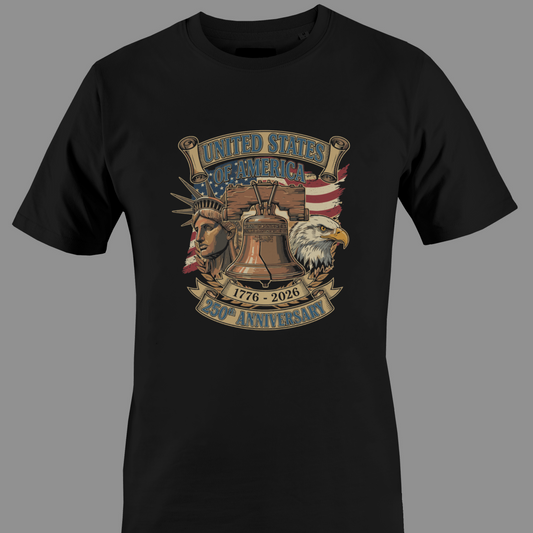 Black t-shirt with a Logo celebrating the 250th anniversary of the United States of America with symbols like an eagle, Liberty Bell, and Statue of Liberty.