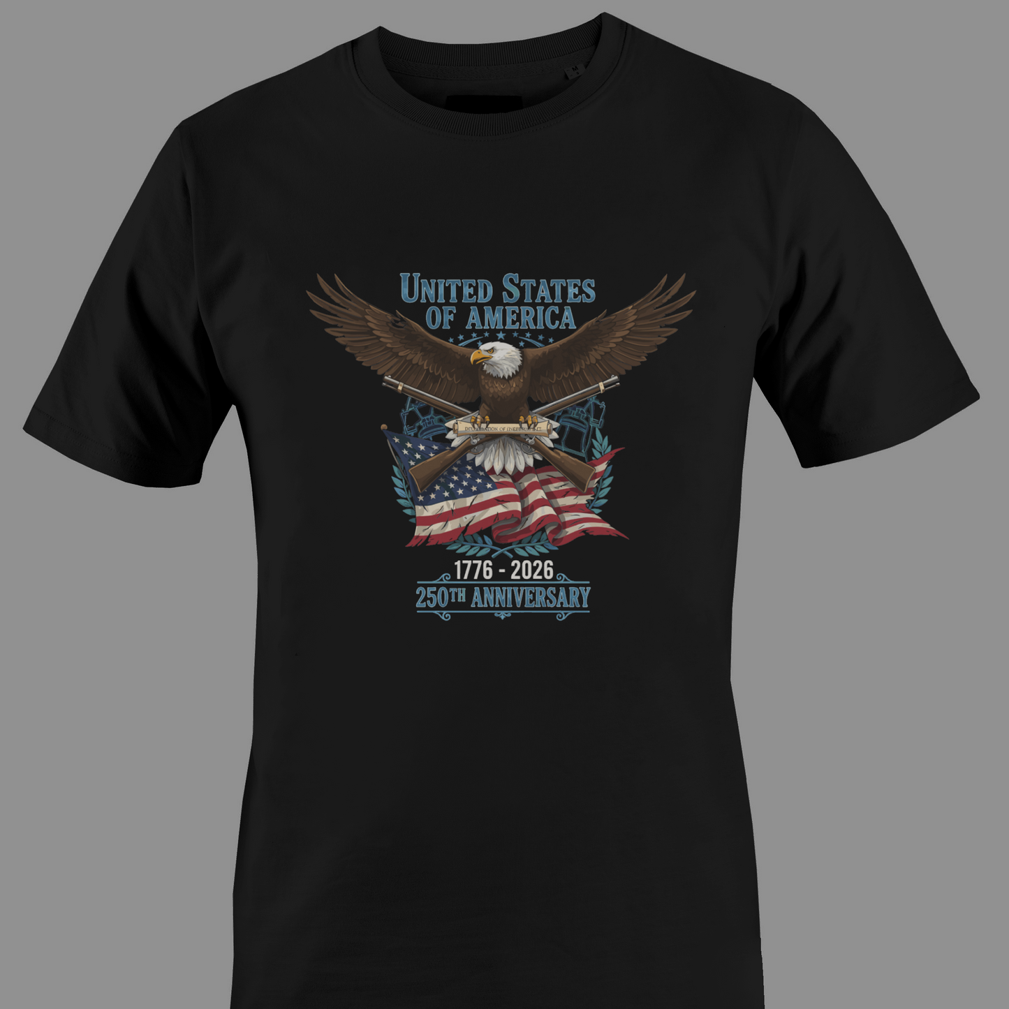 Black t-shirt with Eagle holding an American flag with 'United States of America' text and '250th Anniversary' 