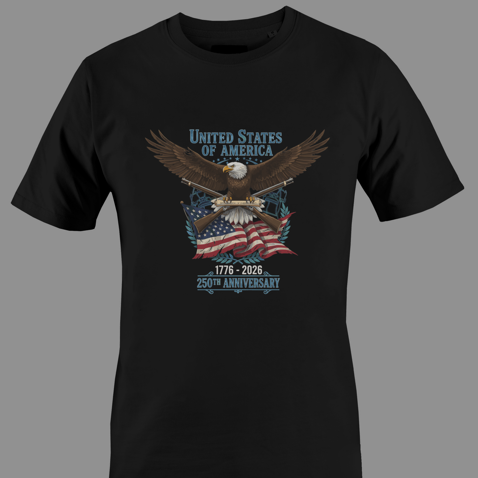 Black t-shirt with Eagle holding an American flag with 'United States of America' text and '250th Anniversary' 