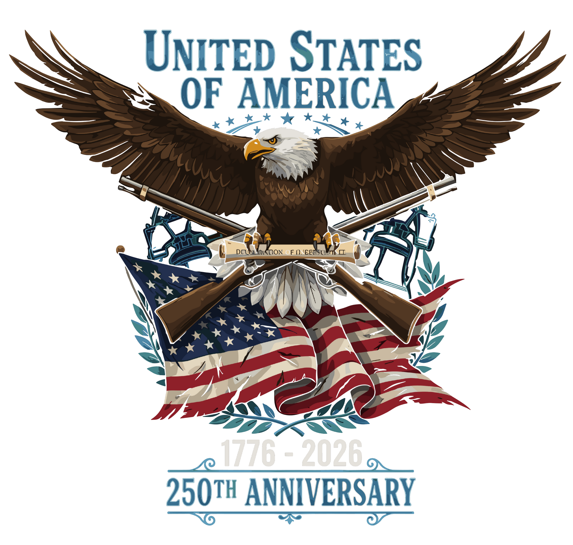Eagle holding an American flag with 'United States of America' text and '250th Anniversary' 