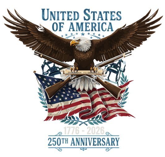 Eagle holding an American flag with 'United States of America' text and '250th Anniversary' 