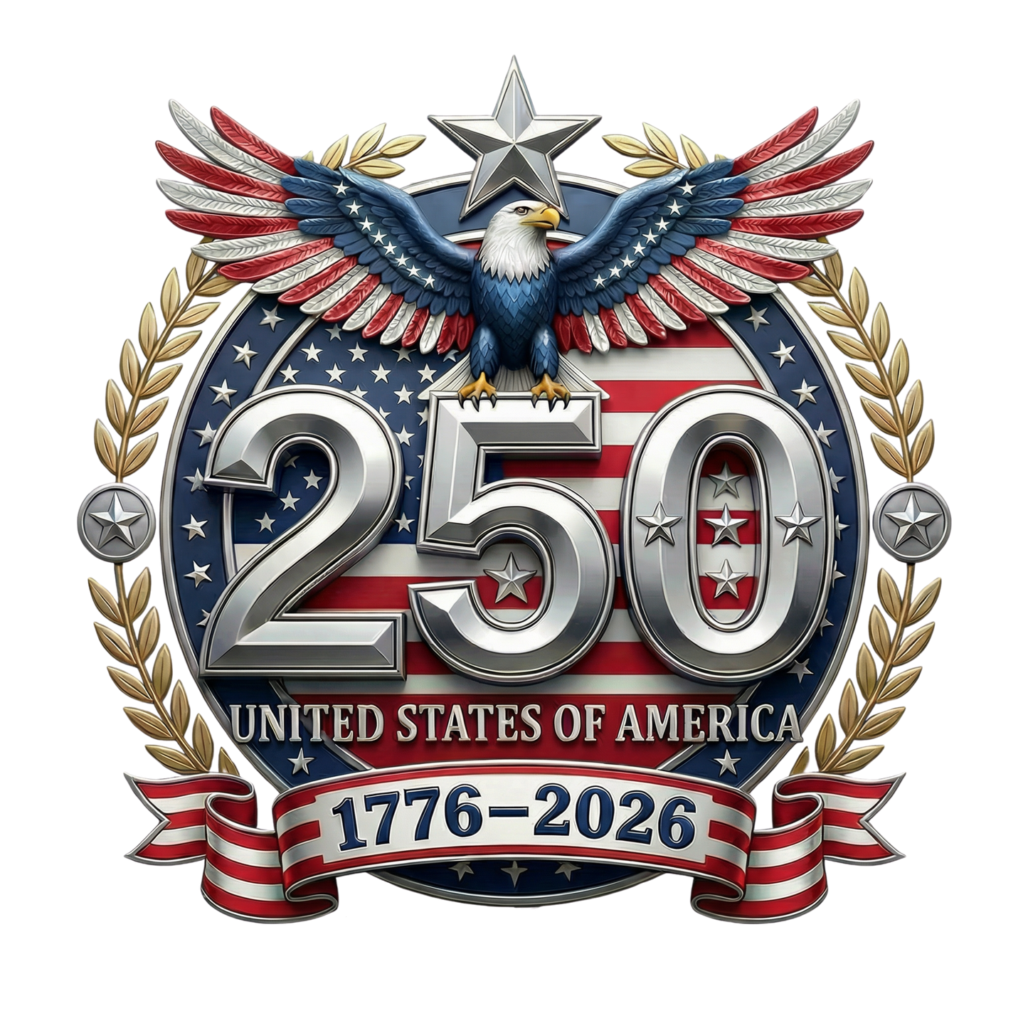 Logo celebrating 250 years of the United States with an eagle, stars, and American flag design.