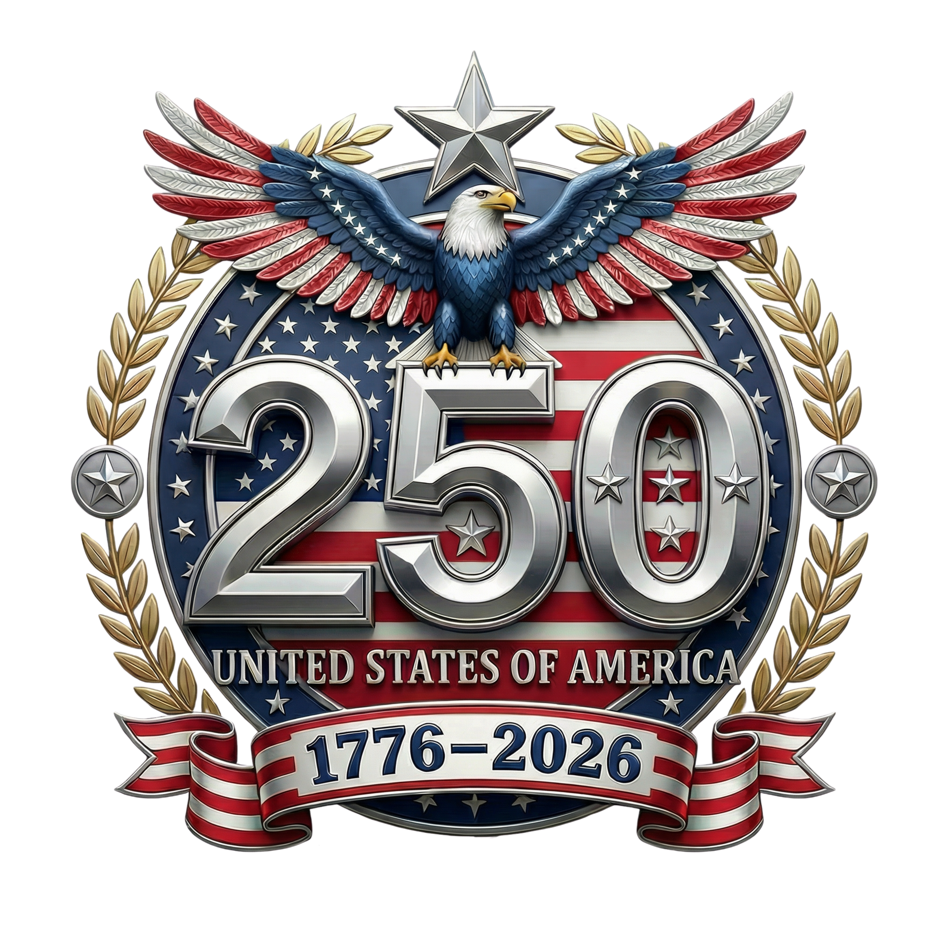 Logo celebrating 250 years of the United States with an eagle, stars, and American flag design.