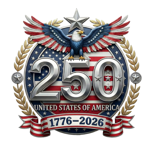 Logo celebrating 250 years of the United States with an eagle, stars, and American flag design.