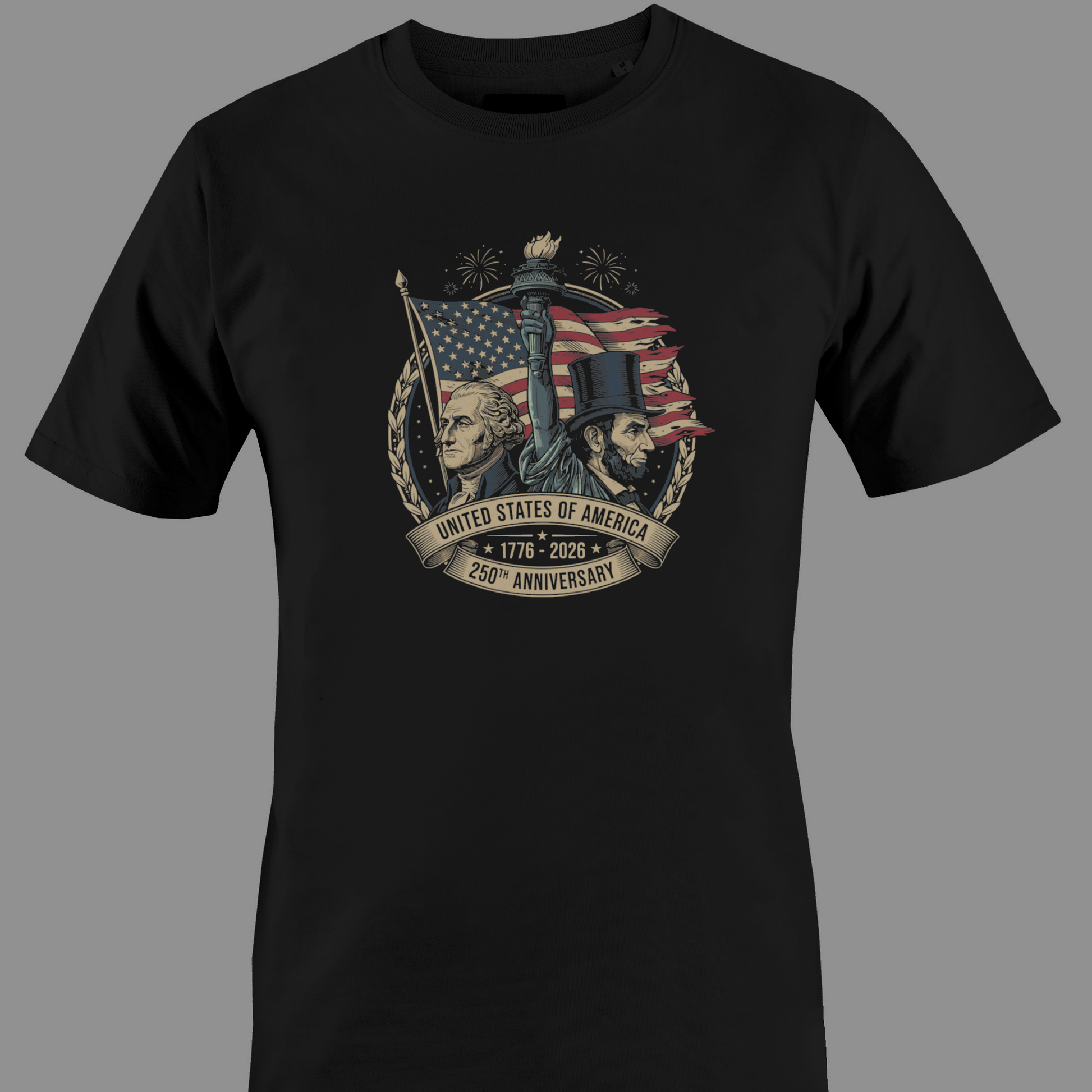Black t-shirt with a Design celebrating the 250th anniversary of the United States of America with the Statue of Liberty, American flag, and portraits.