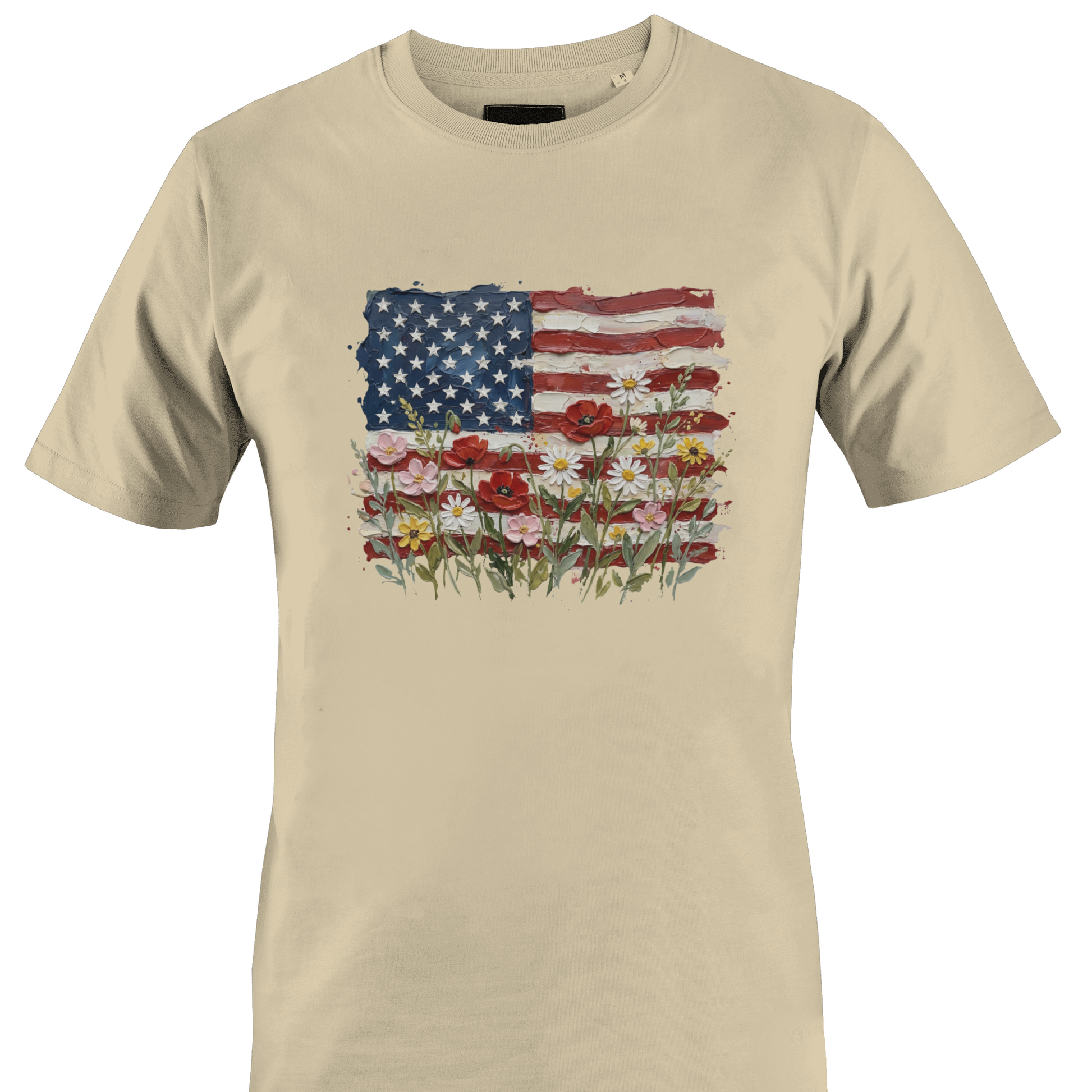 Beige t-shirt with American flag and floral design 