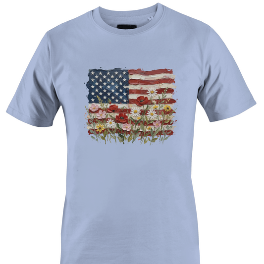 Light blue t-shirt with American flag and floral design 