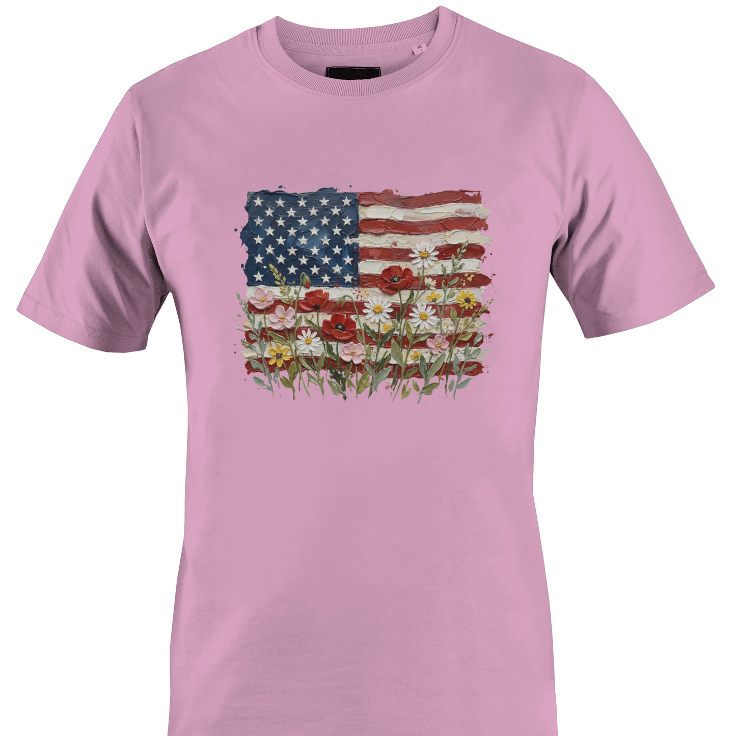 Light pink t-shirt with American flag and floral design 