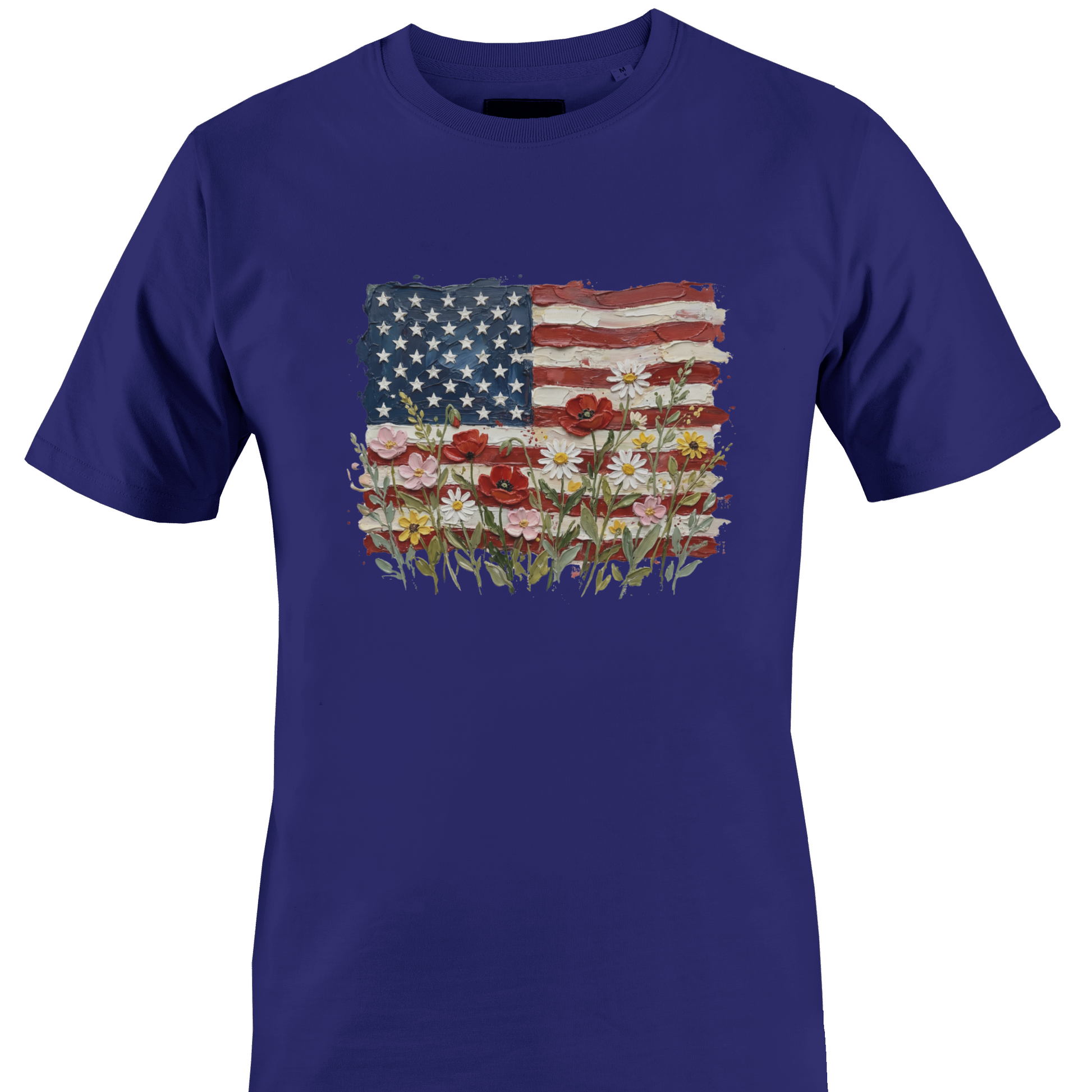 Royal blue t-shirt with American flag and floral design 