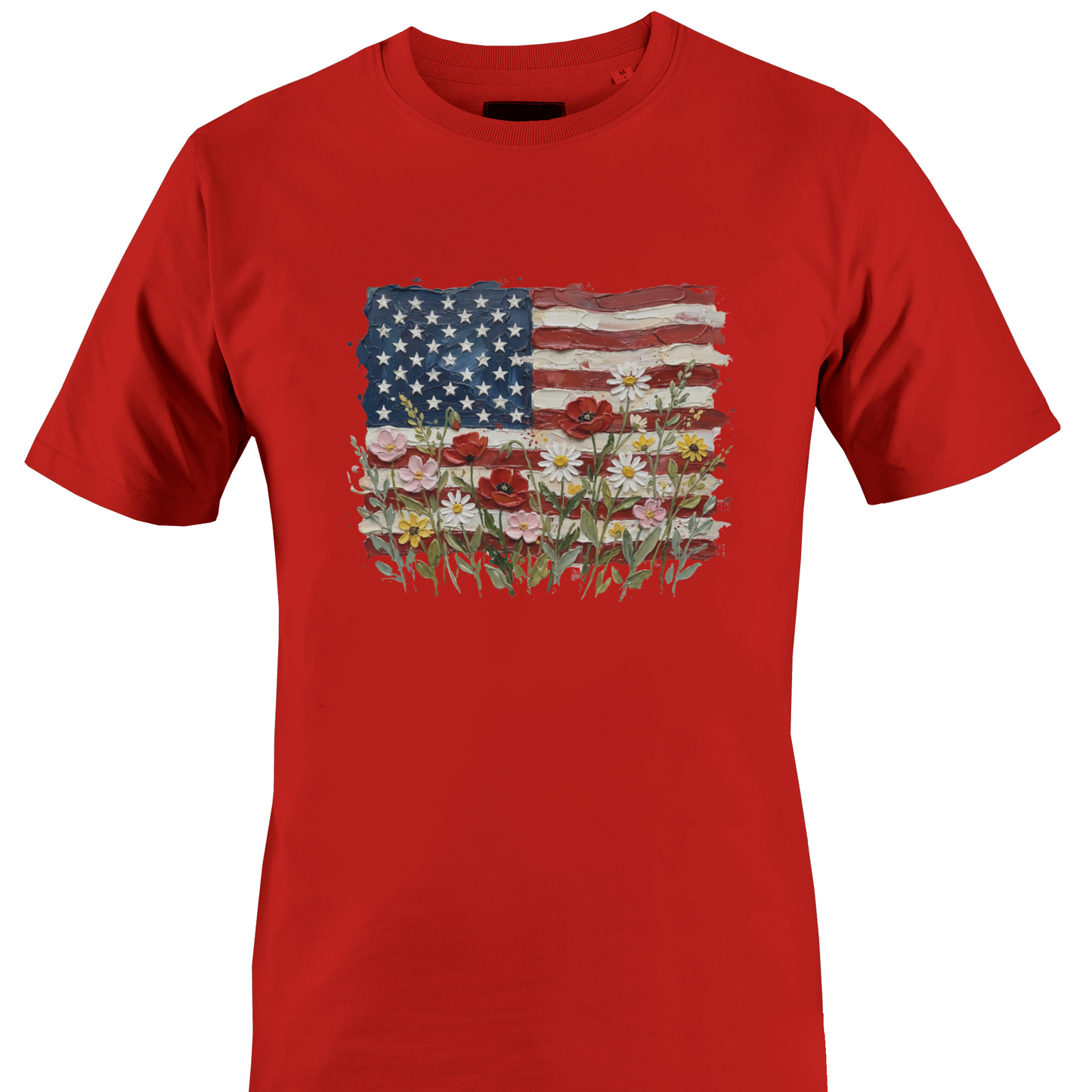 Red t-shirt with American flag and floral design 