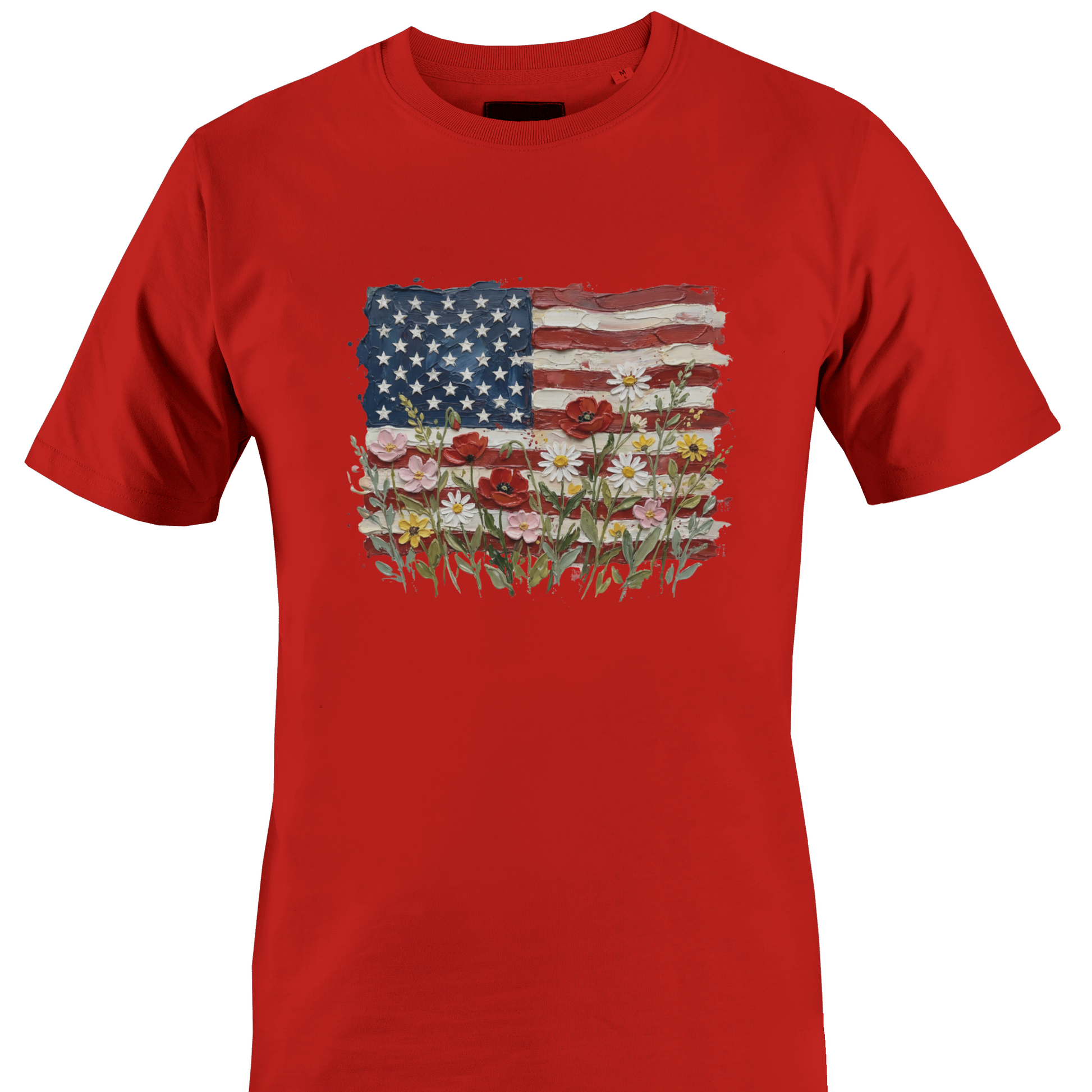 Red t-shirt with American flag and floral design 
