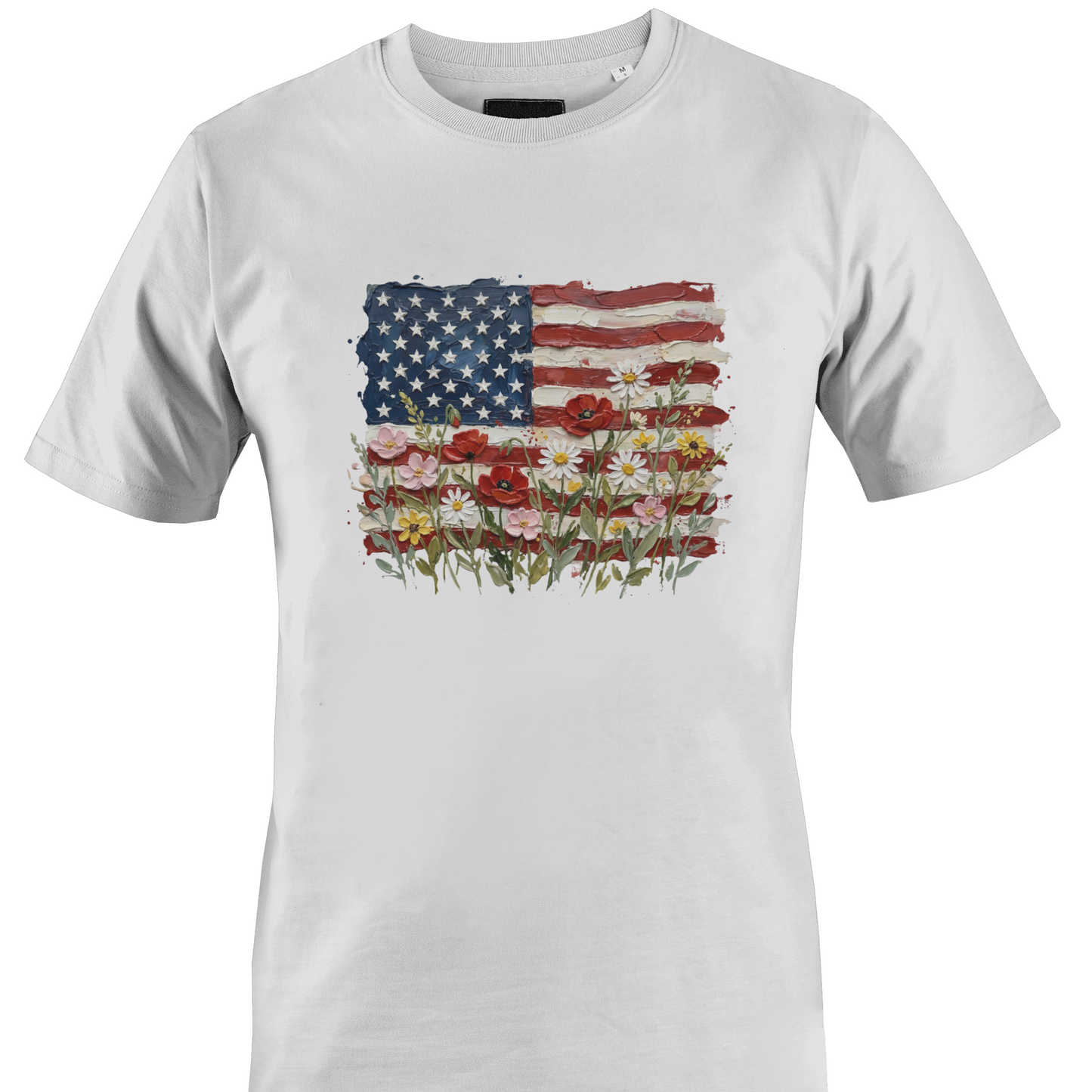 White t-shirt with American flag and floral design 