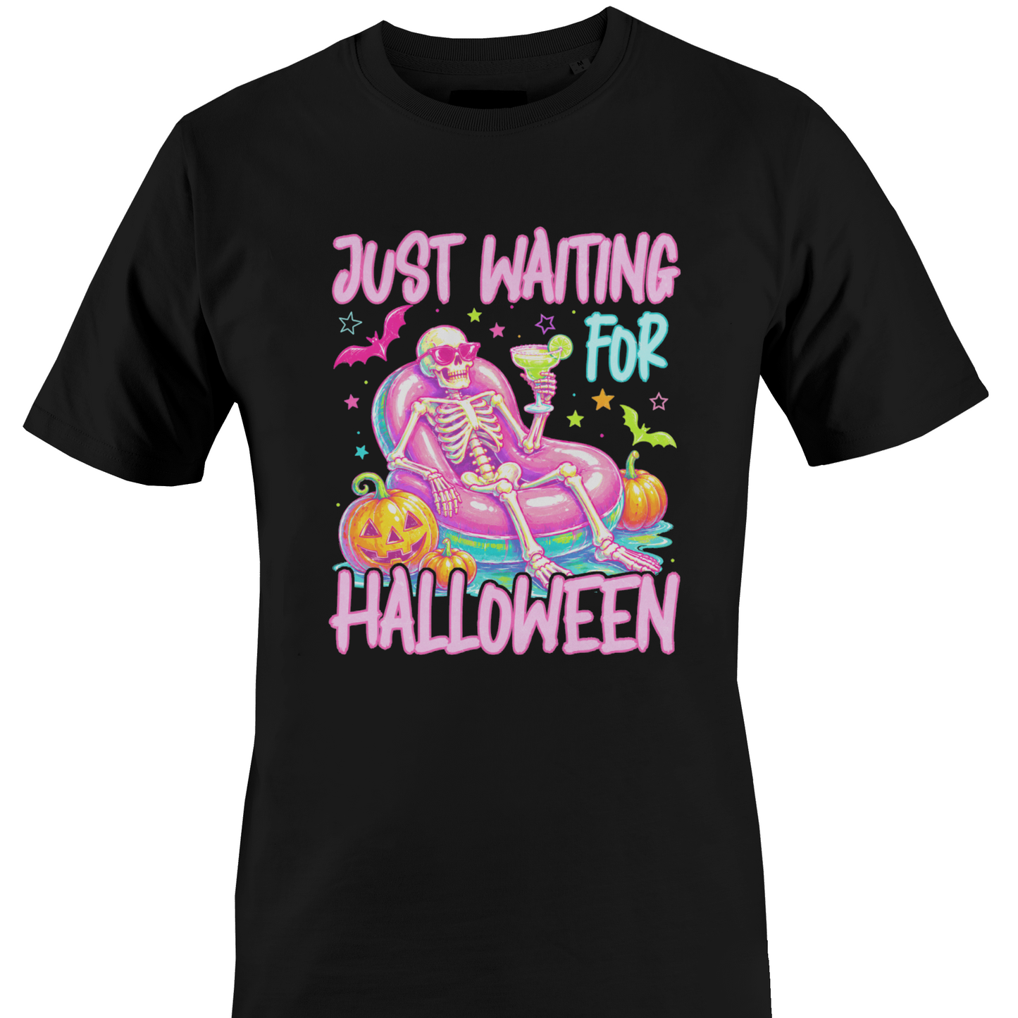 Black t-shirt with a colorful skeleton on a pool floatie with Halloween elements and text 'Just Waiting for Halloween' by Monkey's Creations. 