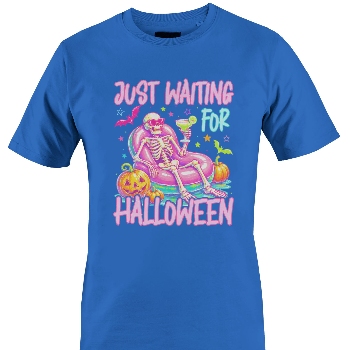 Blue t-shirt with a colorful skeleton on a pool floatie with Halloween elements and text 'Just Waiting for Halloween' by Monkey's Creations. 