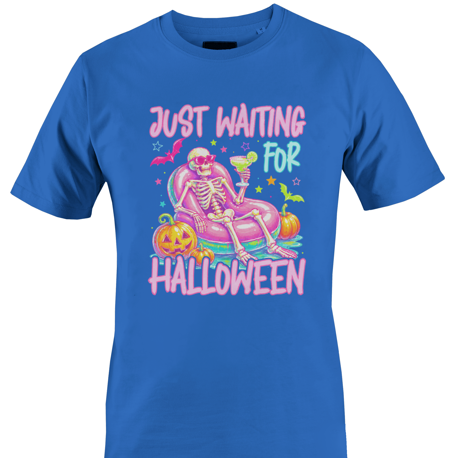 Blue t-shirt with a colorful skeleton on a pool floatie with Halloween elements and text 'Just Waiting for Halloween' by Monkey's Creations. 