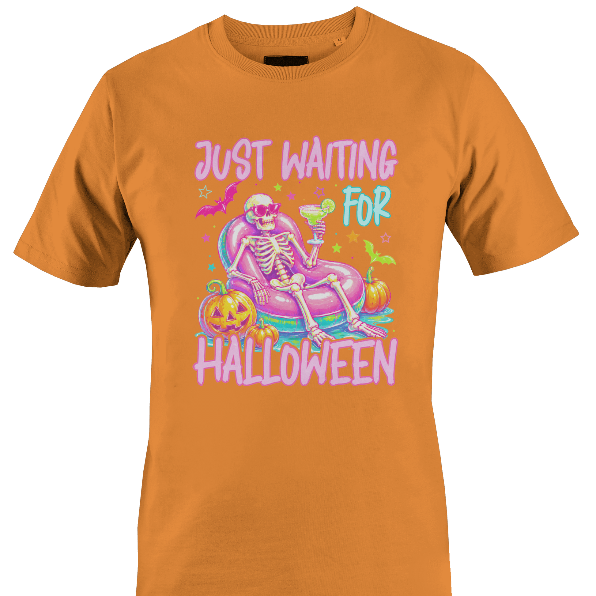 Orange t-shirt with a colorful skeleton on a pool floatie with Halloween elements and text 'Just Waiting for Halloween' by Monkey's Creations. 