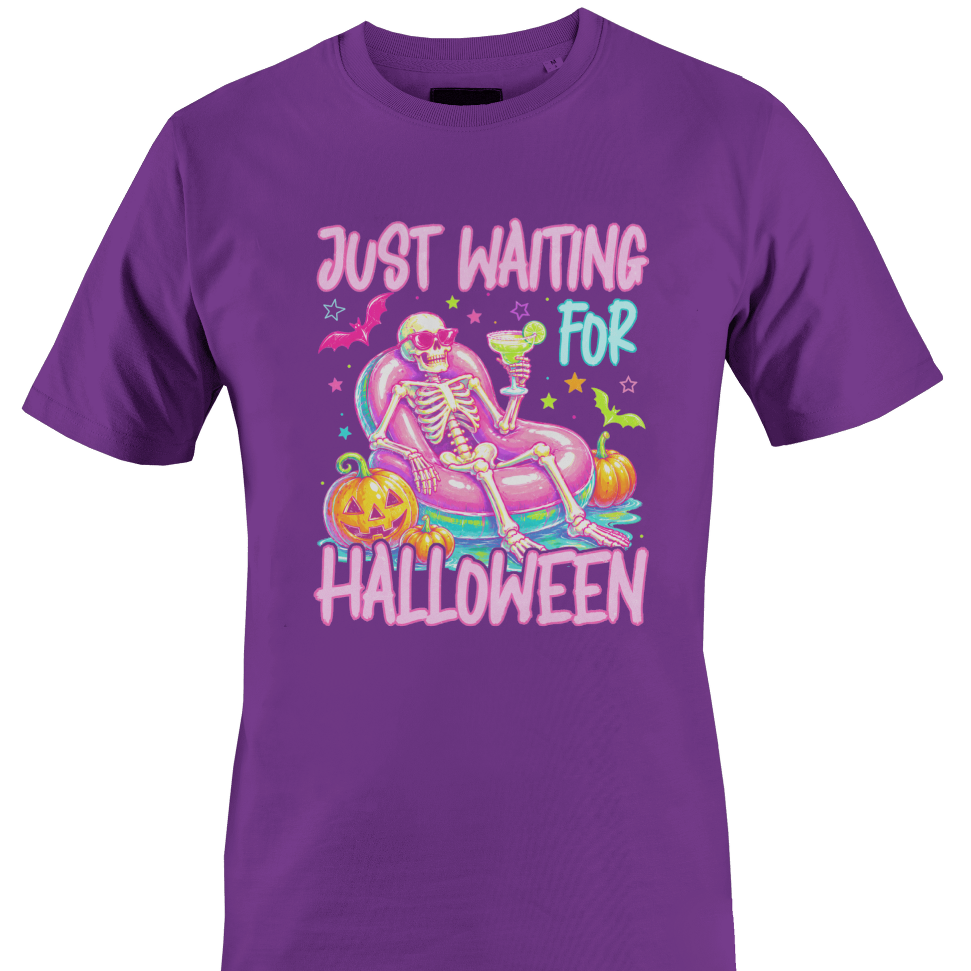 Purple t-shirt with a colorful skeleton on a pool floatie with Halloween elements and text 'Just Waiting for Halloween' by Monkey's Creations. 