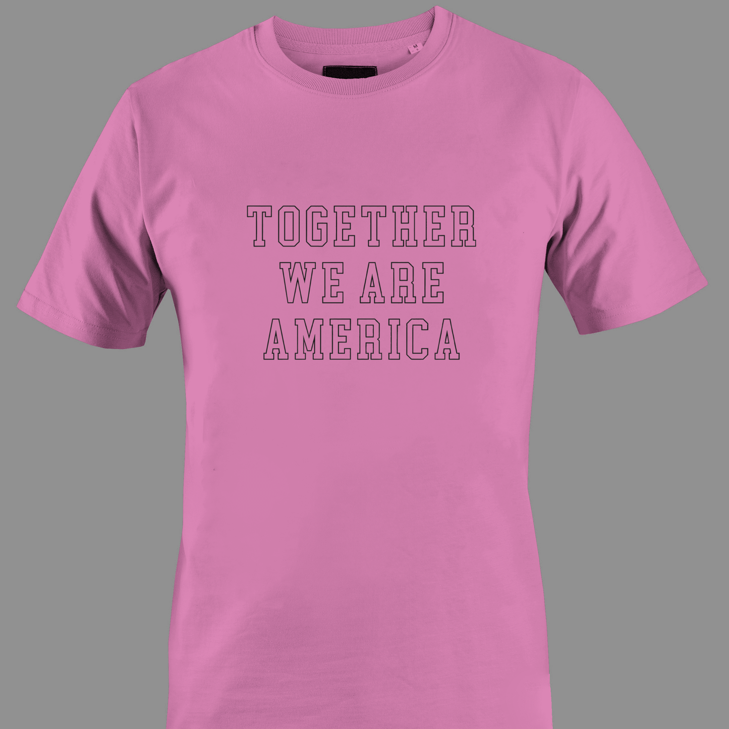 Dark pink t-shirt with 'TOGETHER WE ARE AMERICA' text