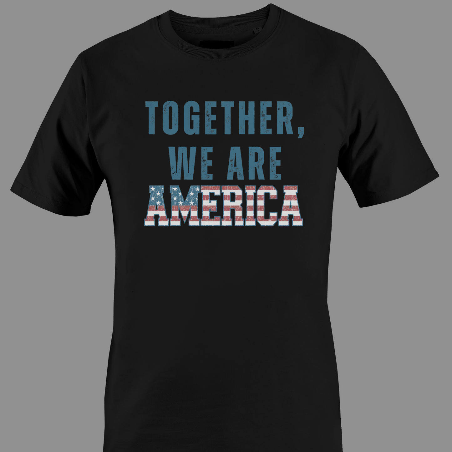 Black t-shirt with 'TOGETHER WE ARE AMERICA' text in stars and stripes