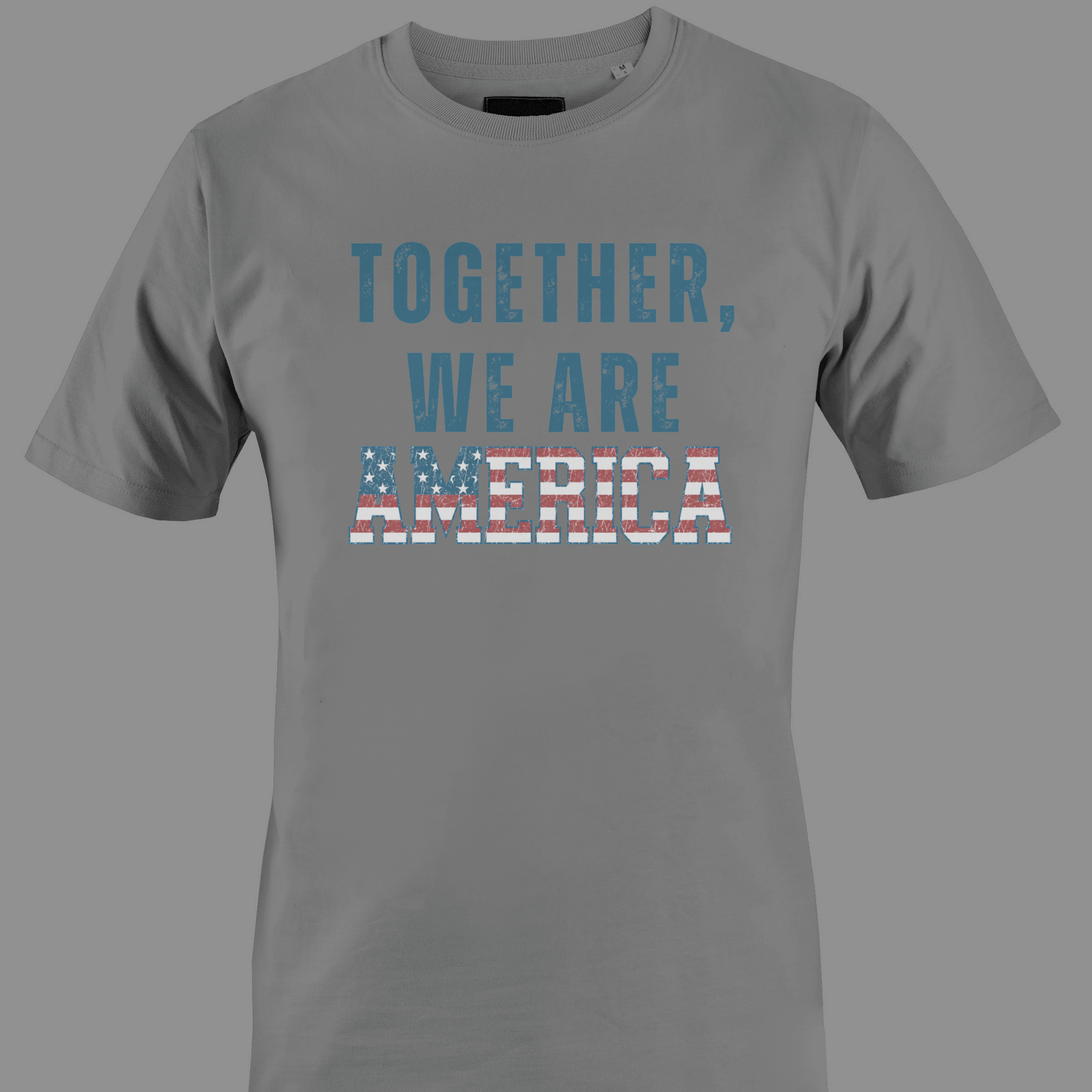 Gray t-shirt with 'TOGETHER WE ARE AMERICA' text in stars and stripes