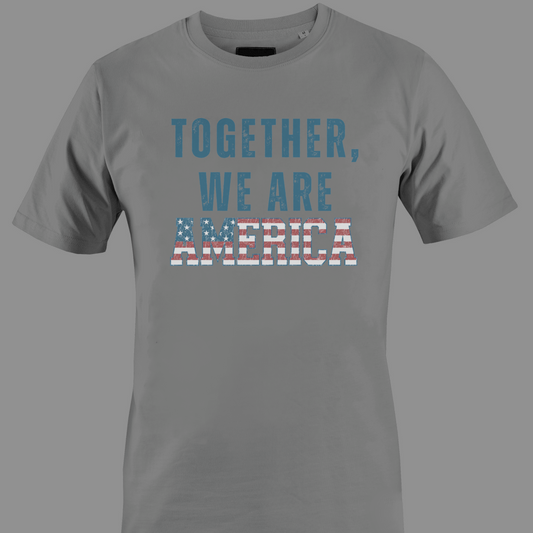 Gray t-shirt with 'TOGETHER WE ARE AMERICA' text in stars and stripes