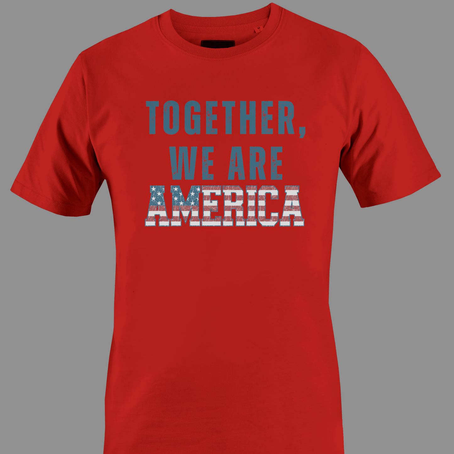 Red t-shirt with 'TOGETHER WE ARE AMERICA' text in stars and stripes
