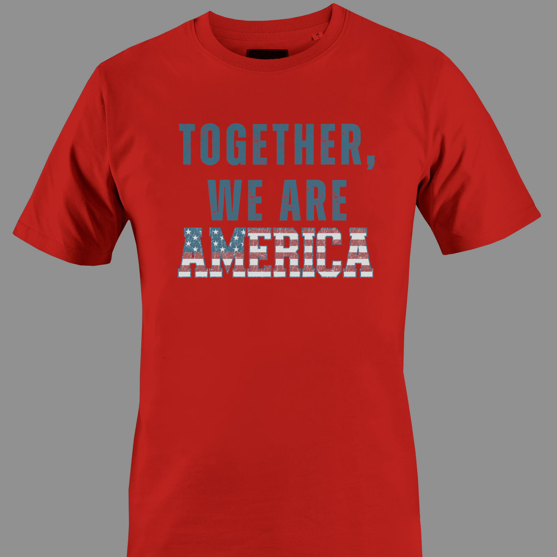 Red t-shirt with 'TOGETHER WE ARE AMERICA' text in stars and stripes