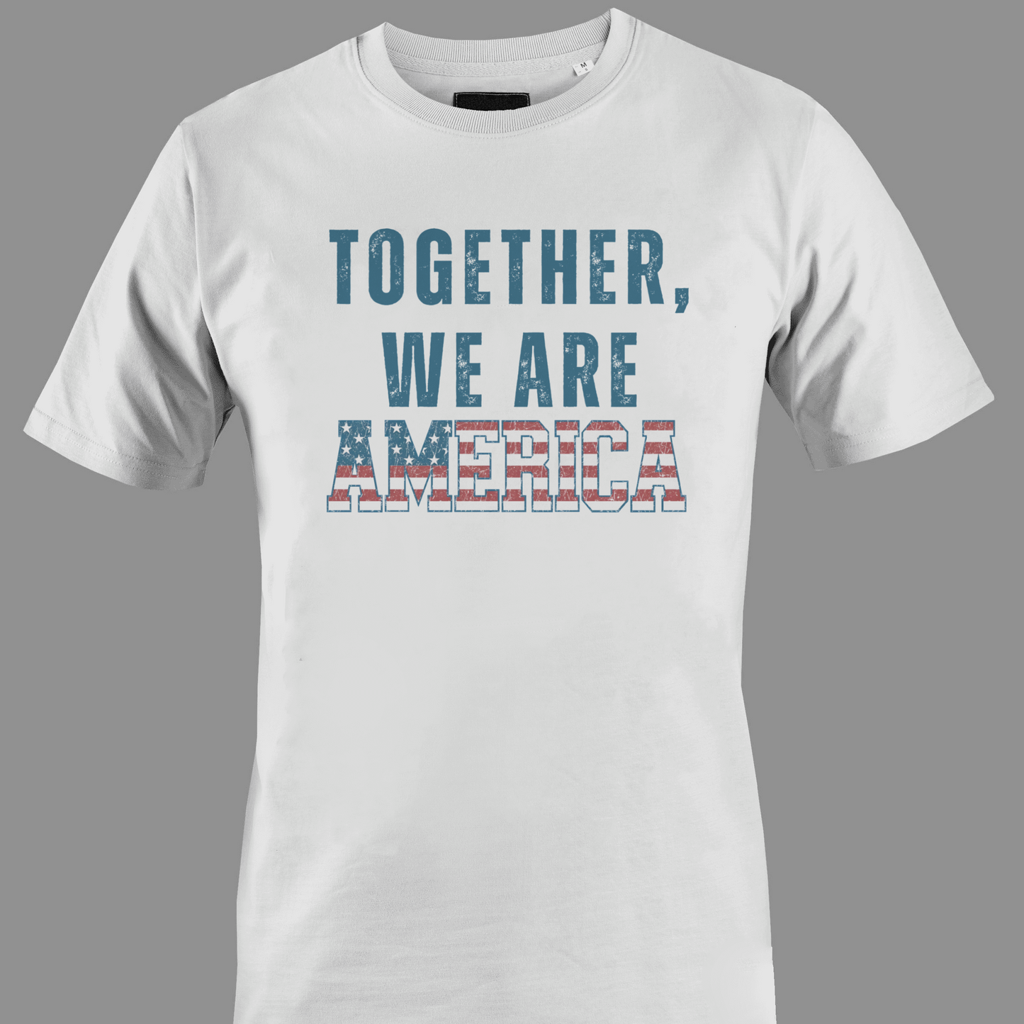 White t-shirt with 'TOGETHER WE ARE AMERICA' text in stars and stripes