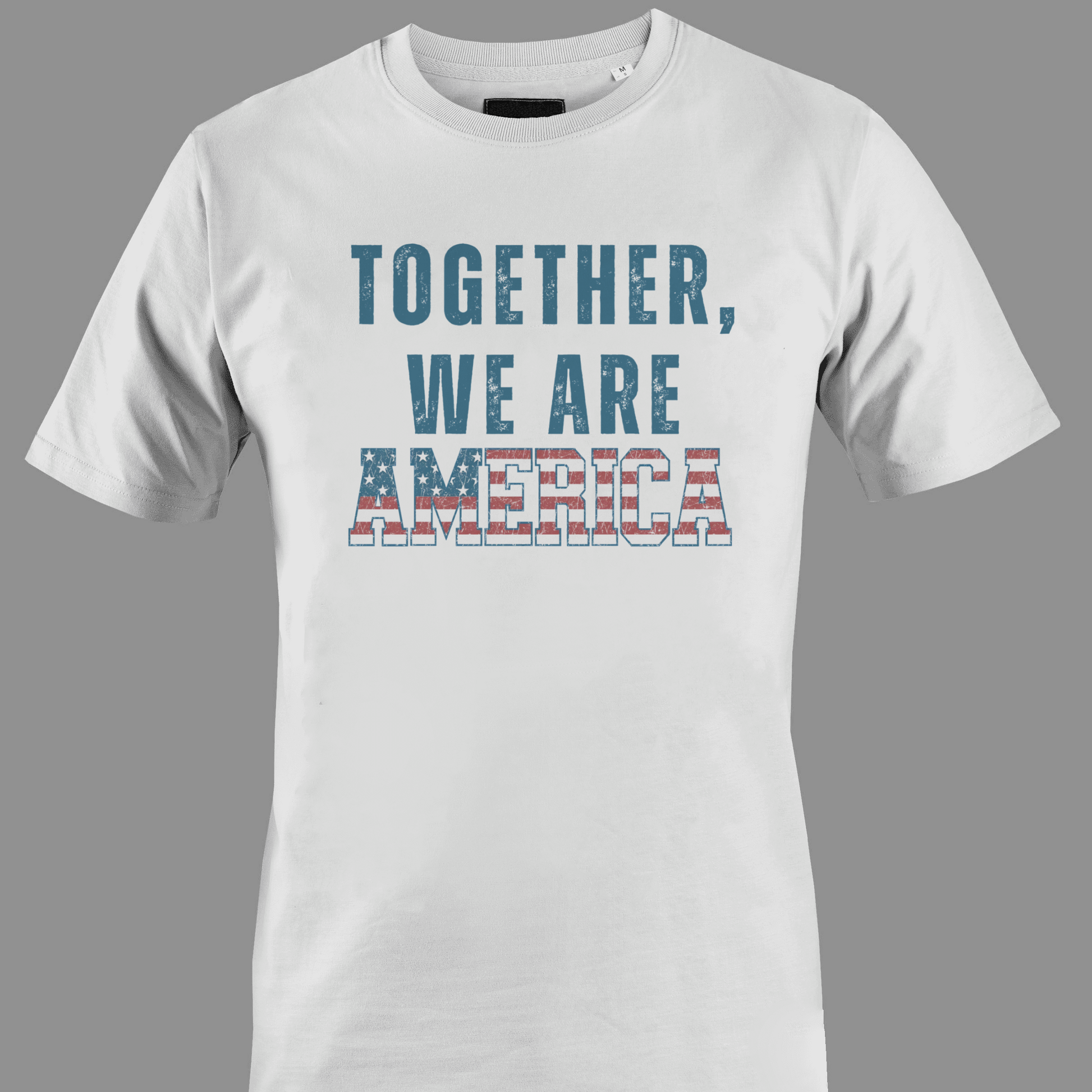 White t-shirt with 'TOGETHER WE ARE AMERICA' text in stars and stripes