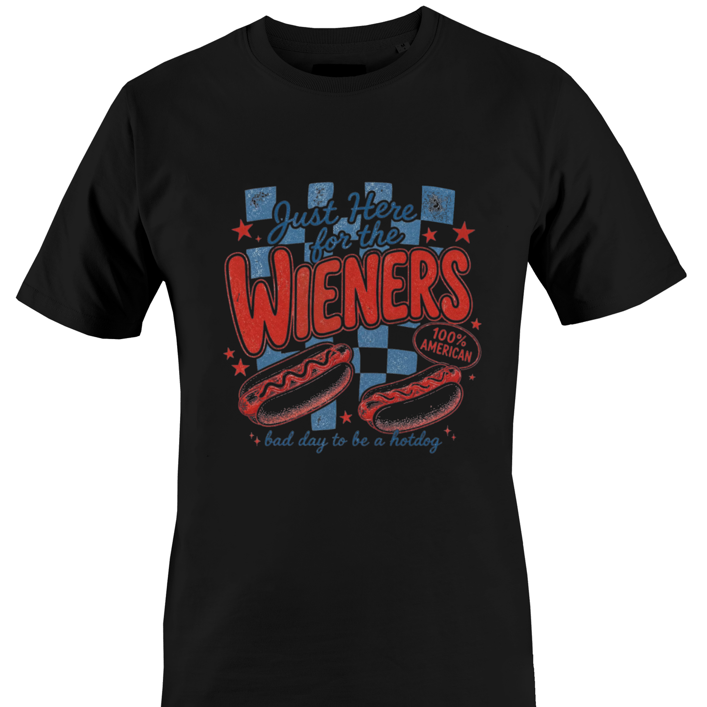 Black t-shirt with red and blue graphics and text "Just here for the wieners - bad day to be a hotdog" by Monkeys Creations.