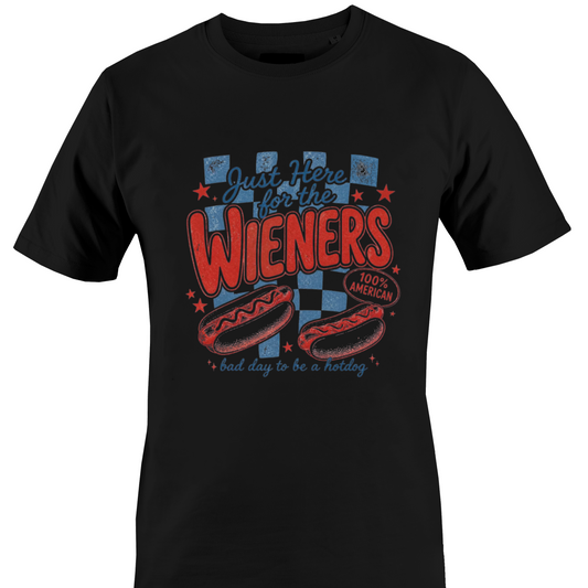 Black t-shirt with red and blue graphics and text "Just here for the wieners - bad day to be a hotdog" by Monkeys Creations.