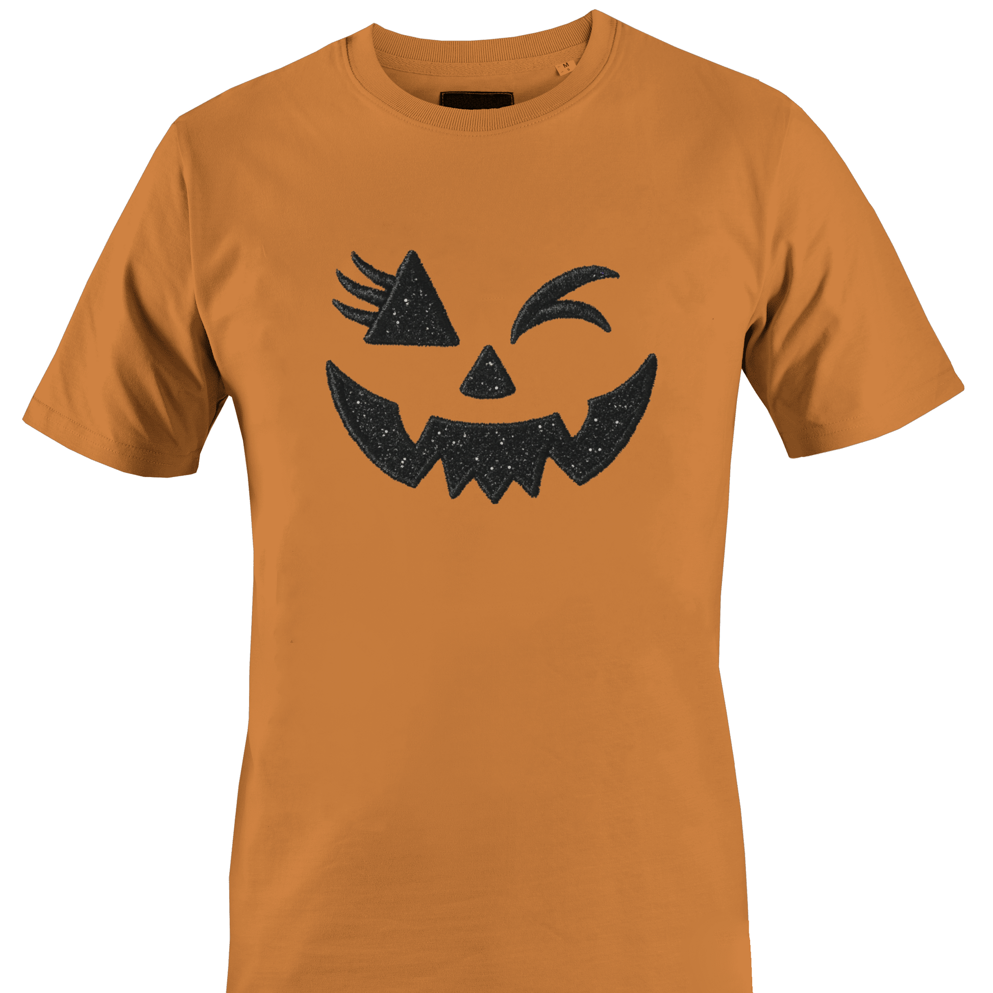 Orange t-shirt with a glitter bling winking jack o lantern eyes and face for Halloween by Monkey's Creations. 