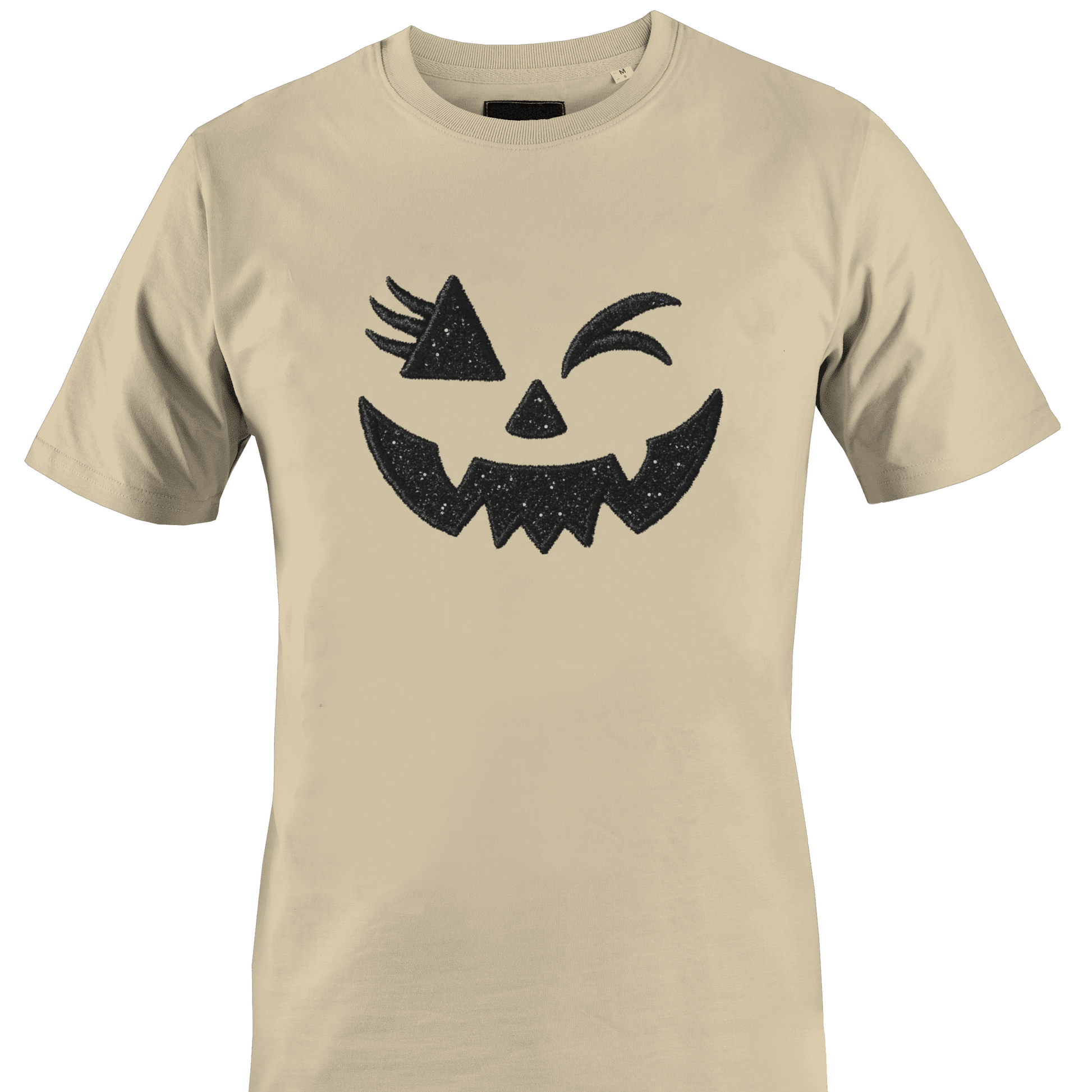 Tan t-shirt with a glitter bling winking jack o lantern eyes and face for Halloween by Monkey's Creations. 
