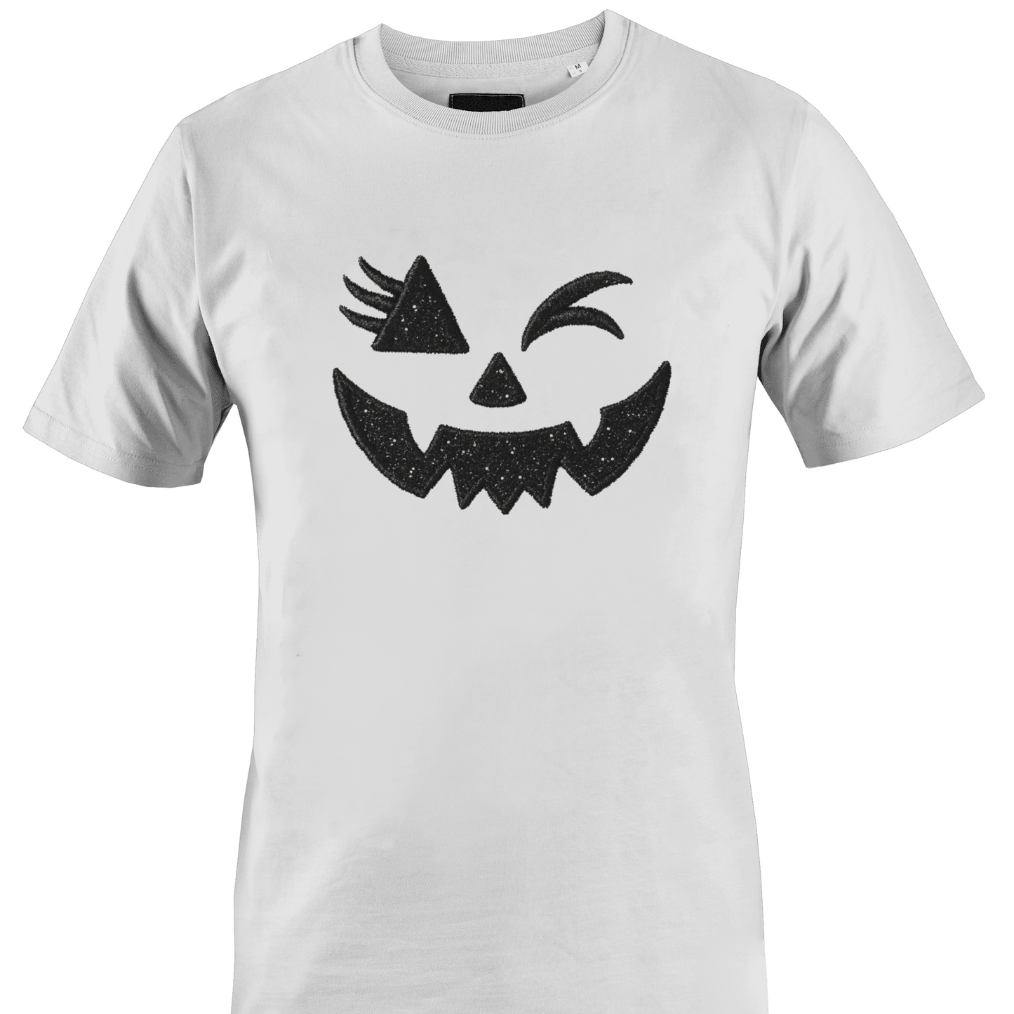 White t-shirt with a glitter bling winking jack o lantern eyes and face for Halloween by Monkey's Creations. 