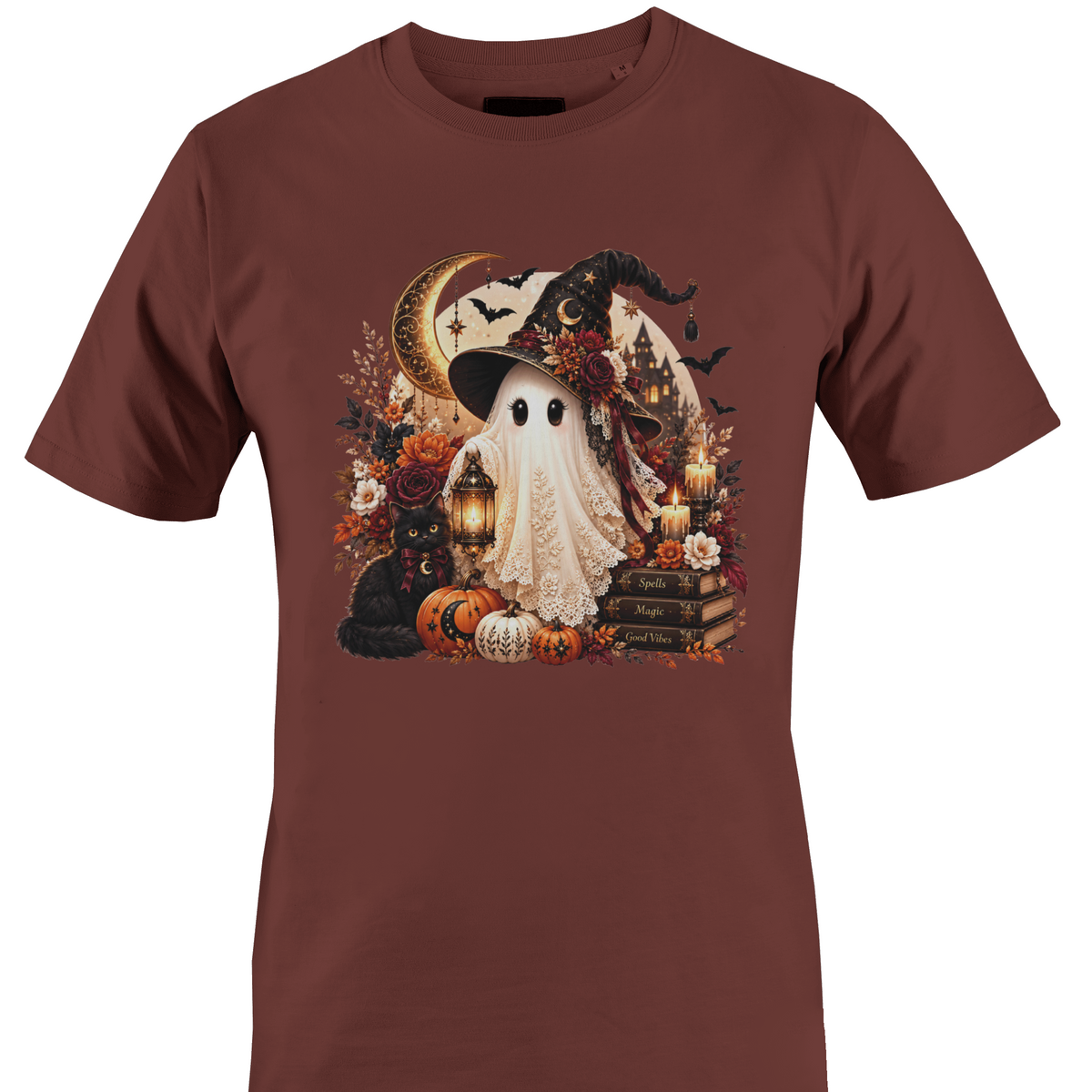 A brown short-sleeve crewneck t-shirt featuring a detailed Halloween graphic depicting a white ghost wearing a witch's hat, surrounded by pumpkins, a black cat, candles, books, and a crescent moon by Monkey's Creations.