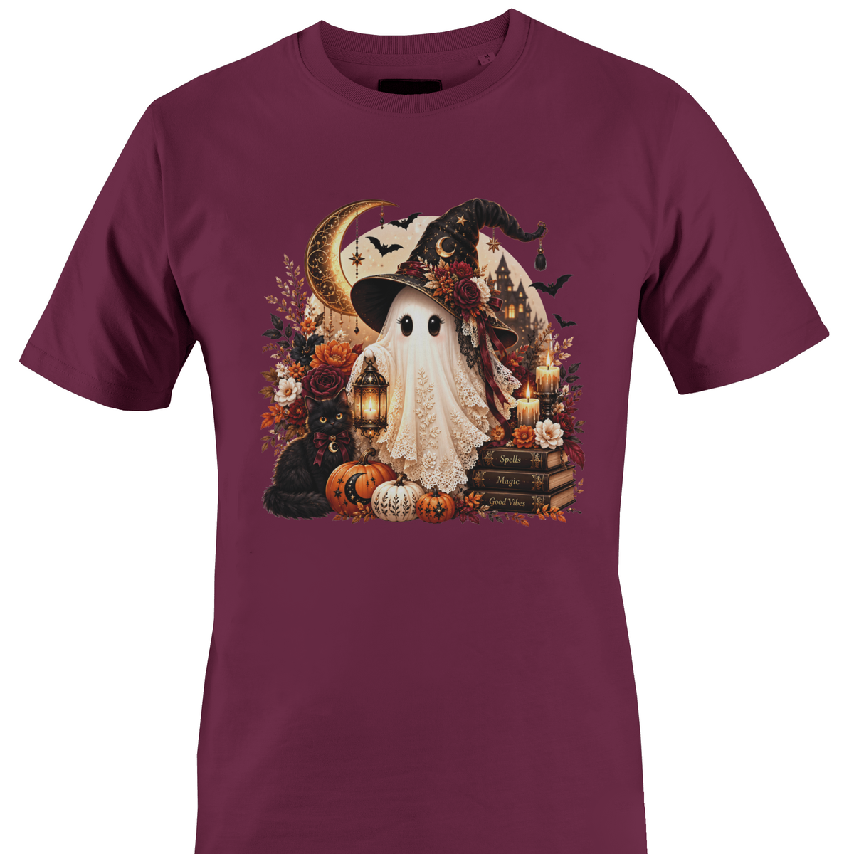 A burgundy short-sleeve crewneck t-shirt featuring a detailed Halloween graphic depicting a white ghost wearing a witch's hat, surrounded by pumpkins, a black cat, candles, books, and a crescent moon by Monkey's Creations.