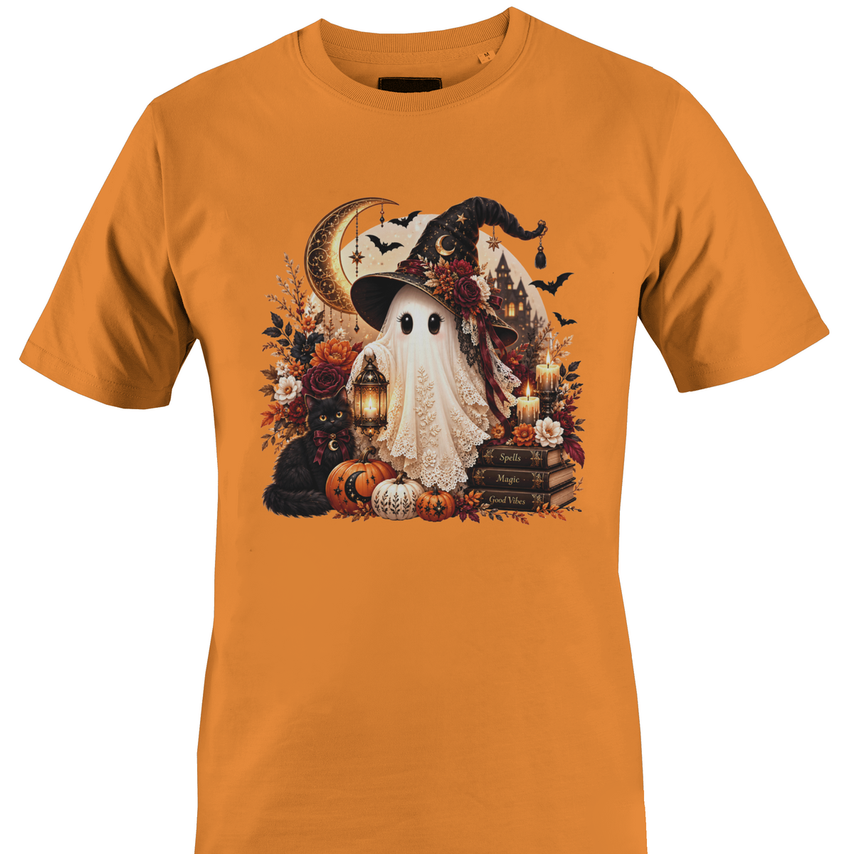An orange short-sleeve crewneck t-shirt featuring a detailed Halloween graphic depicting a white ghost wearing a witch's hat, surrounded by pumpkins, a black cat, candles, books, and a crescent moon by Monkey's Creations.