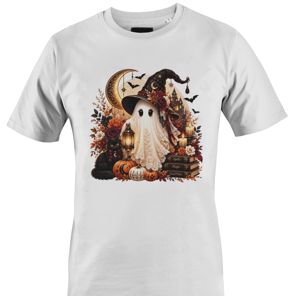 A white short-sleeve crewneck t-shirt featuring a detailed Halloween graphic depicting a white ghost wearing a witch's hat, surrounded by pumpkins, a black cat, candles, books, and a crescent moon by Monkey's Creations.