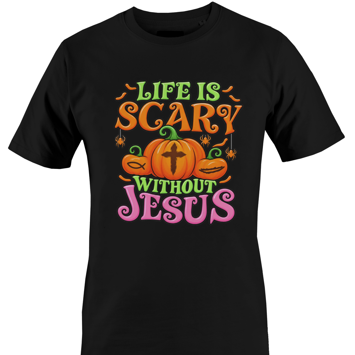 A black short-sleeve crewneck t-shirt featuring colorful pumpkins and religious symbols on the front with the text 'LIFE IS SCARY WITHOUT JESUS' in orange, green, and pink lettering by Monkey's Creations.