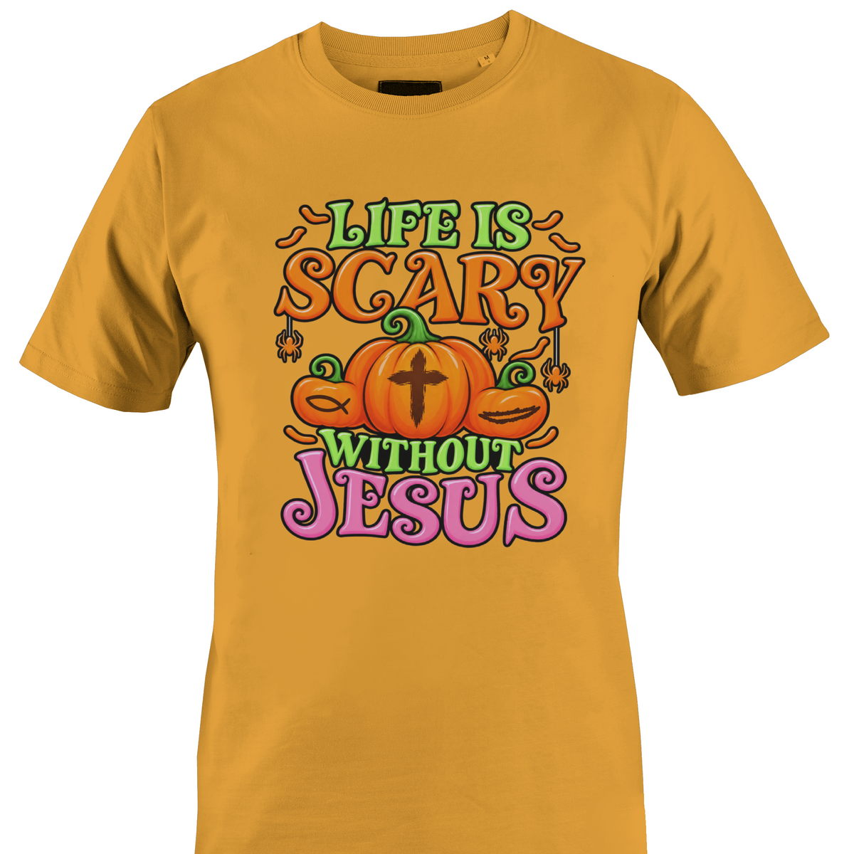 A orange short-sleeve crewneck t-shirt featuring colorful pumpkins and religious symbols on the front with the text 'LIFE IS SCARY WITHOUT JESUS' in orange, green, and pink lettering by Monkey's Creations.